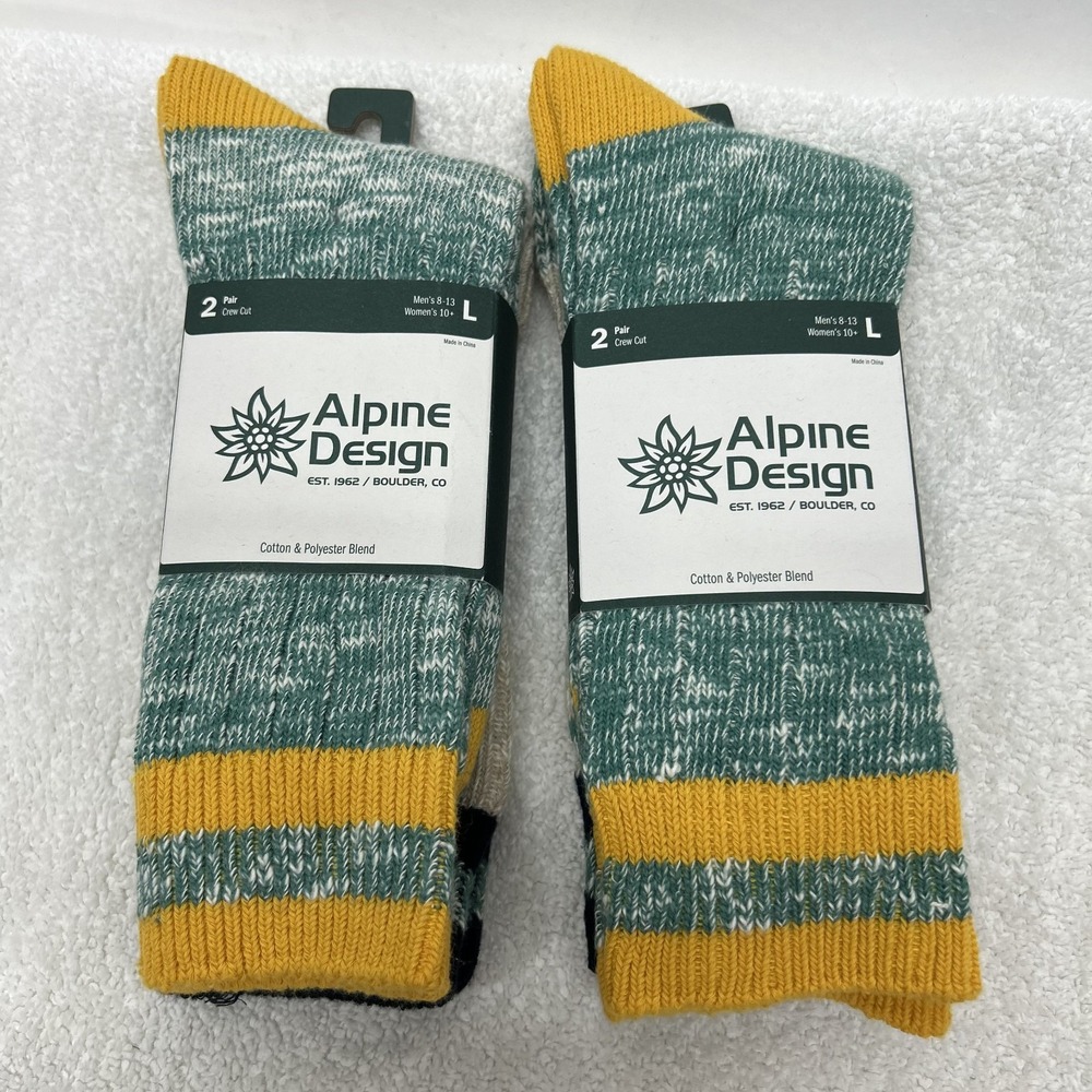 Alpine Design Mens Size L 8-13 4 Pair Green Yellow Ragg Hiker Crew Socks
